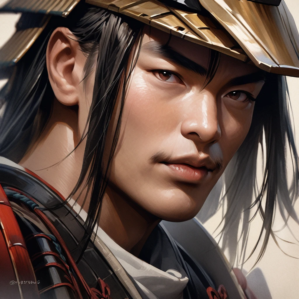 "Close-up of Date Masamune wearing his iconic samurai armor, realistic style, traditional Japanese art, neutral setting"