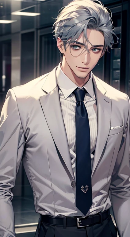 (Highest quality,4K,8K,High resolution,masterpiece:1.2),Super detailed,(Realistic,photoRealistic,photo-Realistic:1.37),1 person,31 years old,Mature Men,Beautiful skin、very handsome,Expressionless smile in love,Short gray blue hair,green eyes,Sharp Eyes,A perfect face without a doubt,Businessman,Office Background,Cinema Lighting,HDR image,tie、