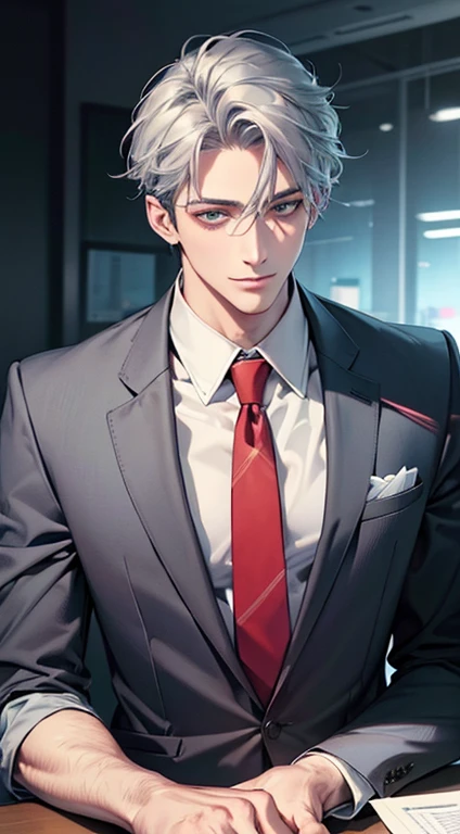 (Highest quality,4K,8K,High resolution,masterpiece:1.2),Super detailed,(Realistic,photoRealistic,photo-Realistic:1.37),1 person,31 years old,Mature Men,Beautiful skin、very handsome,Expressionless smile in love,Short gray blue hair,green eyes,Sharp Eyes,A perfect face without a doubt,Businessman,Office Background,Cinema Lighting,HDR image,tie、