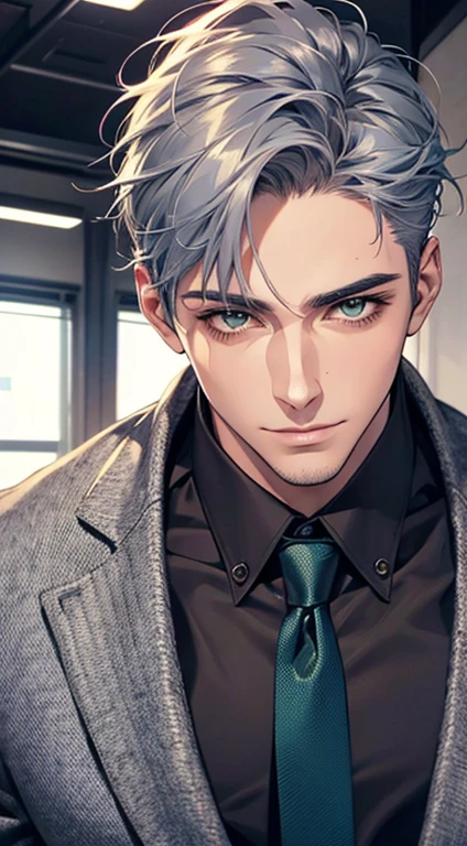 (Highest quality,4K,8K,High resolution,masterpiece:1.2),Super detailed,(Realistic,photoRealistic,photo-Realistic:1.37),1 person,31 years old,Mature Men,Beautiful skin、very handsome,Expressionless smile in love,Short gray blue hair,green eyes,Sharp Eyes,A perfect face without a doubt,Businessman,Office Background,Cinema Lighting,HDR image,tie、