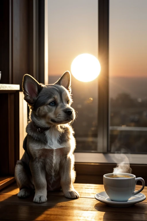 puppy dog image, with long ears, Captivating look, light gray fur, crouched next to a steaming cup of coffee, that invites you to wake up. Image of the sun rising and the rays barely illuminating an environment that still looks somewhat dim. 