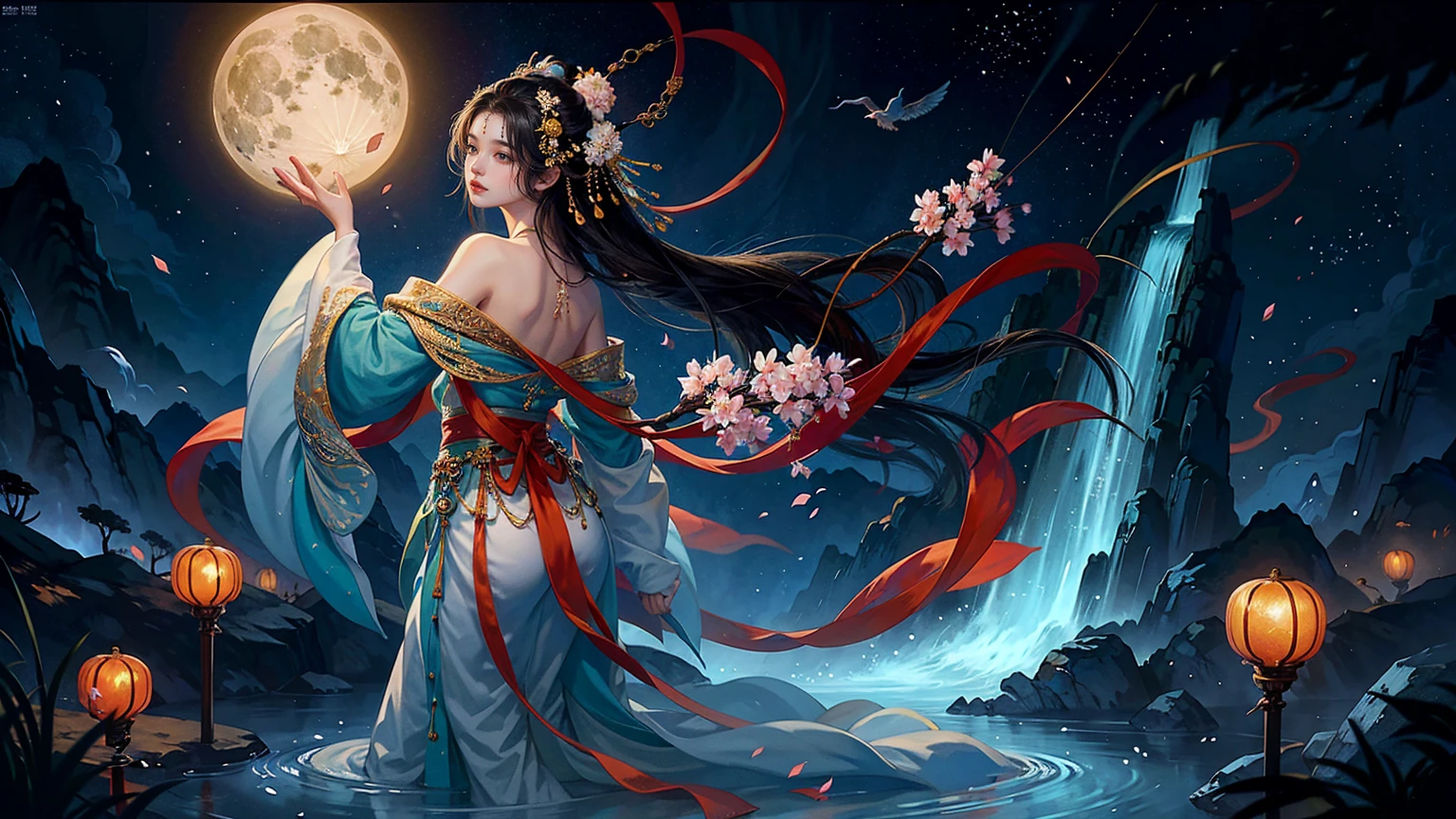 Official Art, Unity 8K wallpaper, Extremely detailed, beautiful and aesthetic, masterpiece, best quality, For the world,You may be alone,But for someone,You could be the whole world, paradox, Adrian Genius, Jenny Savile, Edward Hope, Surrealism, The Dark Arts of James Jean, Takato Yamamoto, 墨water朋克极简主义, fashion magazine, Editorial Photography, gufeng, moon, Tree, Solitary, water, flower, Branches, night, Black Hair, Back to, shawl, full moon, (1 Korean girl,Sexy facial features), in Tree, Long hair, Sky, sit, Chinese clothes, Hanfu, crescent moon, permanent, outdoor,