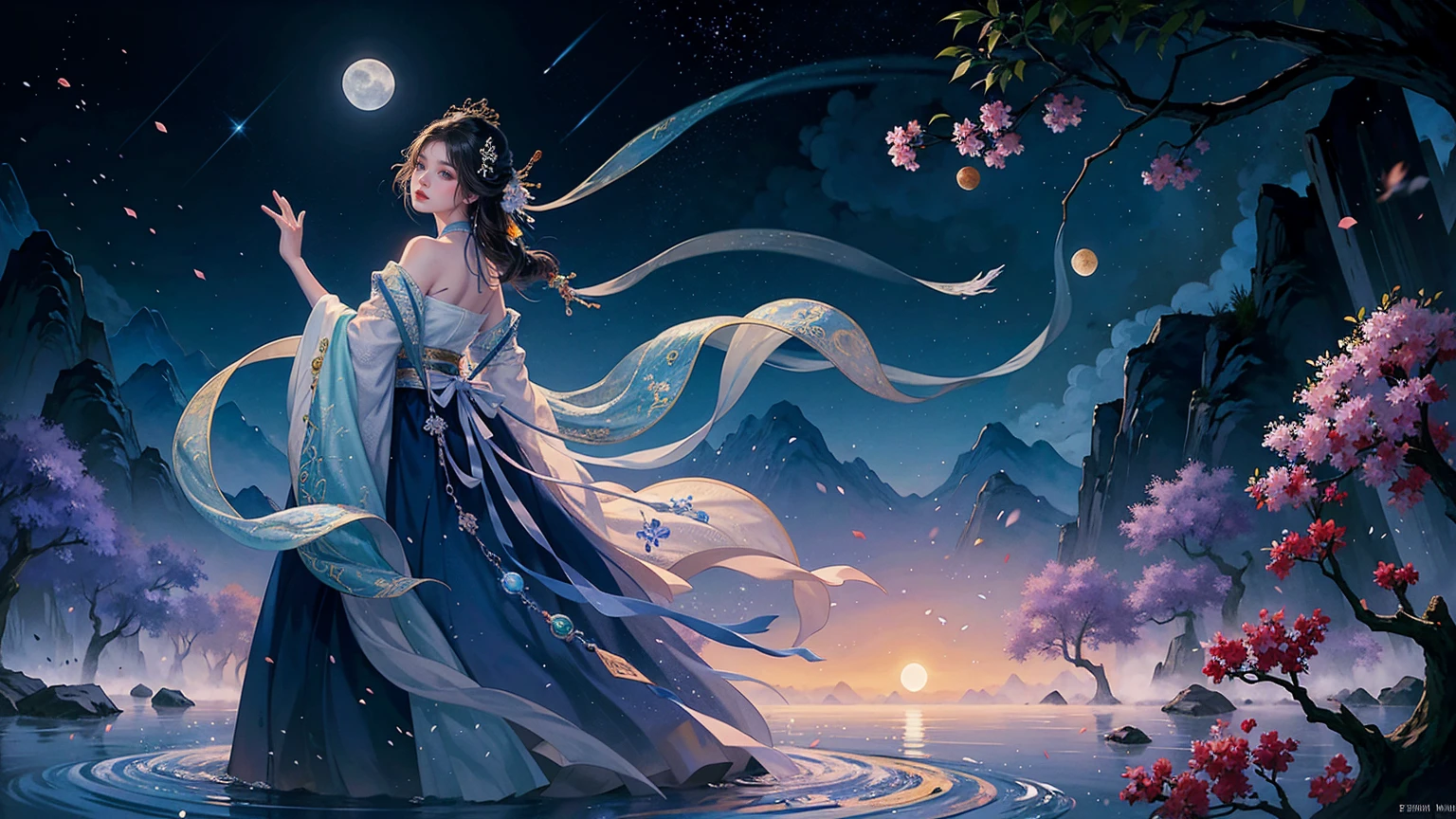 Official Art, Unity 8K wallpaper, Extremely detailed, beautiful and aesthetic, masterpiece, best quality, For the world,You may be alone,But for someone,You could be the whole world, paradox, Adrian Genius, Jenny Savile, Edward Hope, Surrealism, The Dark Arts of James Jean, Takato Yamamoto, 墨water朋克极简主义, fashion magazine, Editorial Photography, gufeng, moon, Tree, Solitary, water, flower, Branches, night, Black Hair, Back to, shawl, full moon, (1 Korean girl,Sexy facial features), in Tree, Long hair, Sky, sit, Chinese clothes, Hanfu, crescent moon, permanent, outdoor,