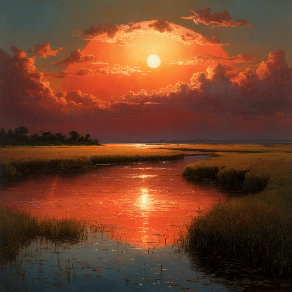 Wetland in the evening, Summer sky、coastline、Sparkling Water,、Wrapped in the afterglow of the sunset, A huge pale red sun floating in the distant clouds, faintly recognizable, full of mysterious atmosphere, (((Lack of trees)),oli texture, by Brent Cotton