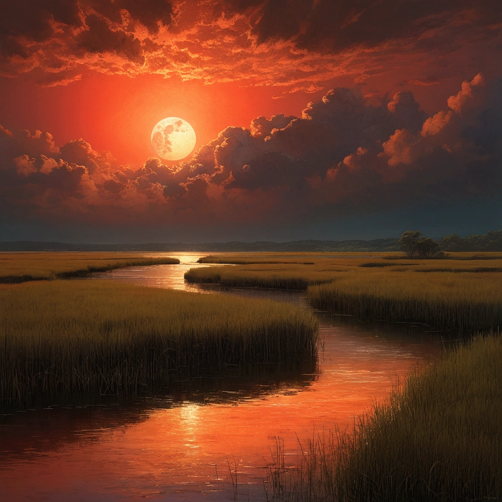 Wetland in the evening, Summer sky、coastline、Sparkling Water,、Wrapped in the afterglow of the sunset, A huge pale red sun floating in the distant clouds, faintly recognizable, full of mysterious atmosphere, (((Lack of trees)),oli texture, by Brent Cotton