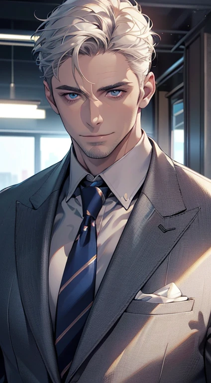 (best quality,4k,8k,highres,masterpiece:1.2),ultra-detailed,(realistic,photorealistic,photo-realistic:1.37),1 man,34 years old,mature man,very handsome,without expression,smile,short white hair,blue eyes,penetrating gaze,perfect face without errors,imposing posture,businessman,office background,cinematic lighting,hdr image