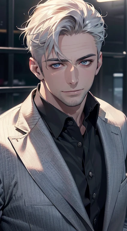 (best quality,4k,8k,highres,masterpiece:1.2),ultra-detailed,(realistic,photorealistic,photo-realistic:1.37),1 man,34 years old,mature man,very handsome,without expression,smile,short white hair,blue eyes,penetrating gaze,perfect face without errors,imposing posture,businessman,office background,cinematic lighting,hdr image