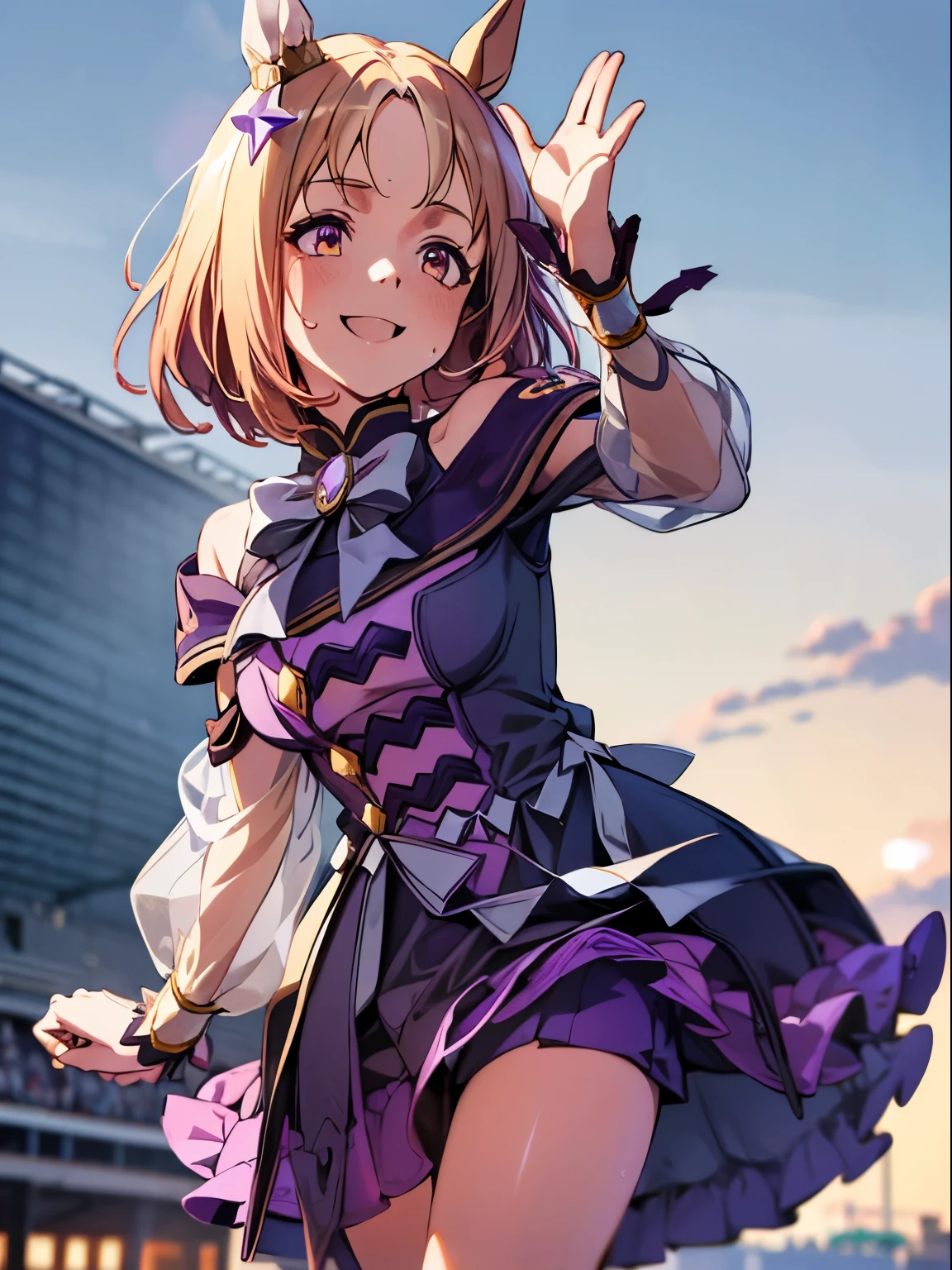 narita top road \(umamusume\), 1 girl, Solo, Cute Girl,Best Quality, Ultra-detailed, 8K, High resolution, detailed face, madeon, from diagonally below, looking up, looking far, waving, (smile, happy), horse ears, sweat, in the Racecourse,