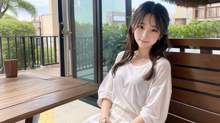 Produce the highest quality and highest resolution 8K images。Please draw the upper body of a 20 year old Japanese woman.。Please draw an image of you relaxing on the balcony at home.。She has brown eyes and a model-like figure、She has an idol-level cute face.。The hair is wavy。Clothes、I&#39;m wearing stylish loungewear。The skin is、It is a natural skin color。she、Looking at you with a smile。