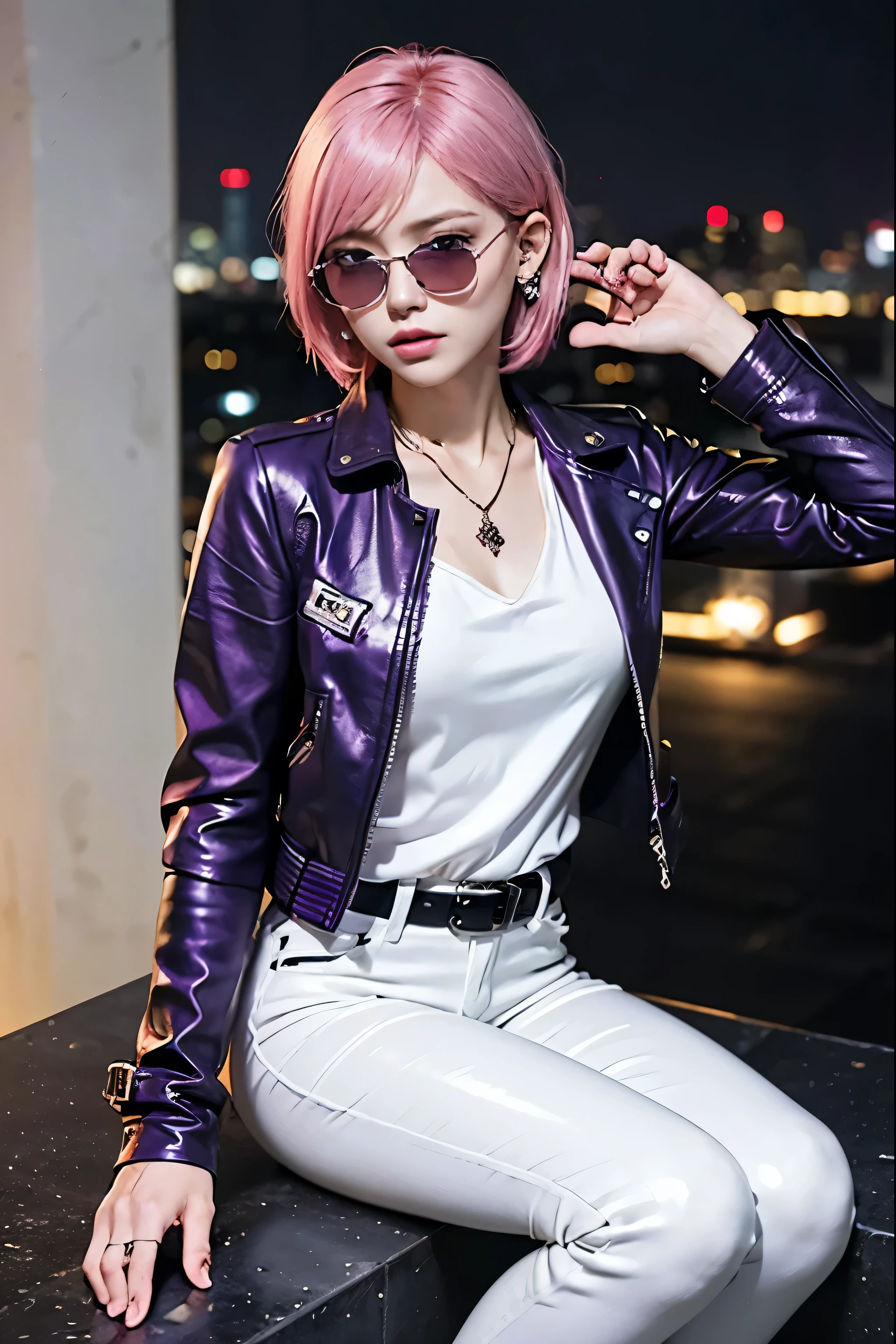 (8ก, Highest quality, Masterpiece:1,2), (realistic, Virtual image:1.37), Superb details, one woman,), (Highly detailed), (Beautifully detailed eyes), (ที่มีHighest quality), (Superb details ), (Masterpiece), (detailed face),20 years old, ,1 woman, ((pink hair,very short hair)), Medium bust, wear clothes, perfect lighting, Take a break (Spy theme:1.3), (Glossy purple leather jacket:1.4), (White silk shirt with gloss:1.4), (Shiny red skinny jeans:1.4), (The silhouette is sharp and intelligent.:1.3), (Work details:1.2), (black high heel boots:1.2), (sunglasses:1.2), (earring:1.2), (necklace:1.2), (watch:1.2), (belt:1.2), Take a break pink very short hair, messy hair, earring, Cool and sexy expression, A thin smile., Right hand holding gun., left hand looking at watch, watch with laser and bomb functions, The gun has smoke., Backpack with parachute and wire tools, skyscraper rooftop, night view, The helicopter is approaching., Helicopter with enemy markings, chasing enemies, Moonlight and neon light, dark light, purple and red, Mysterious atmosphere, High contrast of light and shadow