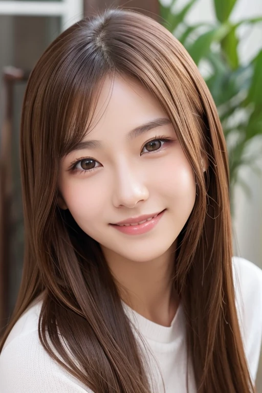 1girl, solo, long_hair, looking_at_viewer, smile, brown_hair, mole, photo_(medium), real_life