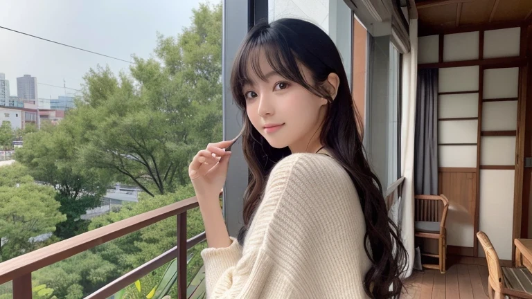 Produce the highest quality and highest resolution 8K images。Please draw the upper body of a 20 year old Japanese woman.。Please draw an image of you relaxing on the balcony at home.。She has brown eyes and a model-like figure、She has an idol-level cute face.。The hair is wavy。Clothes、I'm wearing stylish loungewear。The skin is、It is a natural skin color。she、Looking at you with a smile。