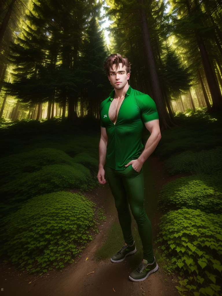 homoerotic photo of a handsome man patrickleblanc (patrick leblanc) person posing as a camp counselor, green uniform, forest, trees, (arms crossed), authoritative, blurry background, pectorals, biceps, sexual tension, looking at camera  