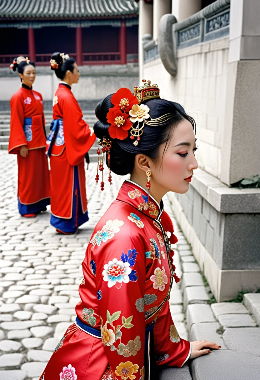 A photo showing her in profile from the bottom, on the cobblestones outside the Qing palace, Empress Qing Dynasty, dressed in red Manchu clothes with a flashy floral pattern and a hairpin.
Large face showing buttocks on all fours with hair tied up and pulled up, face showing nude model, decorated with large gaudy flowers and hairpin,