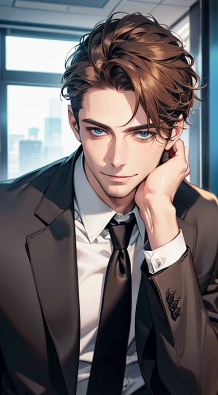 (best quality,4k,8k,highres,masterpiece:1.2),ultra-detailed,(realistic,photorealistic,photo-realistic:1.37),1 man,31 years old,mature man,very handsome,without expression,smile,short grey brown hair,blue eyes,penetrating gaze,perfect face without errors,imposing posture,businessman,office background,cinematic lighting,hdr image