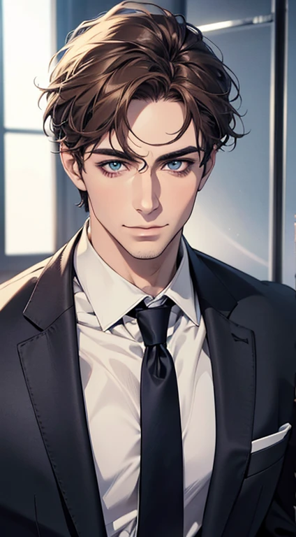 (best quality,4k,8k,highres,masterpiece:1.2),ultra-detailed,(realistic,photorealistic,photo-realistic:1.37),1 man,31 years old,mature man,very handsome,without expression,smile,short grey brown hair,blue eyes,penetrating gaze,perfect face without errors,imposing posture,businessman,office background,cinematic lighting,hdr image