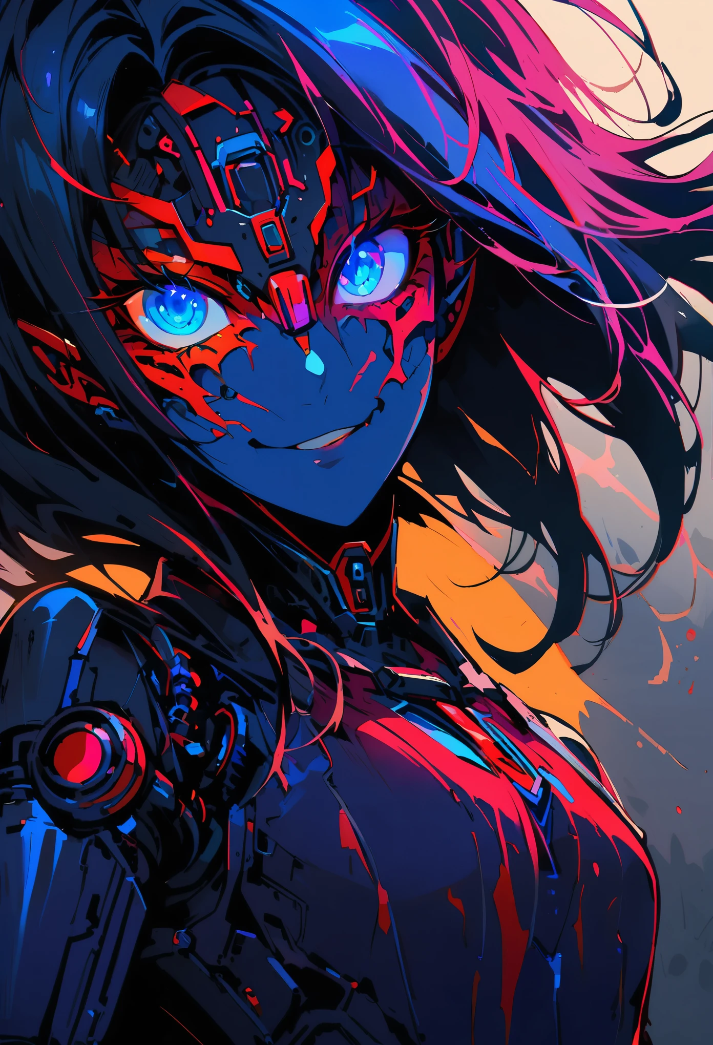A female vampire robot,metallic skin,glowing blue eyes,dark and mysterious atmosphere,ethereal,horrifyingly fascinating expression,porcelain-like complexion,subtle yet captivating smile,mechanical parts blended with organic elements,sharp contrast between light and shadow,textured metallic hair,cybernetic enhancements,vivid colors,gothic style,hauntingly beautiful,sublime artistry