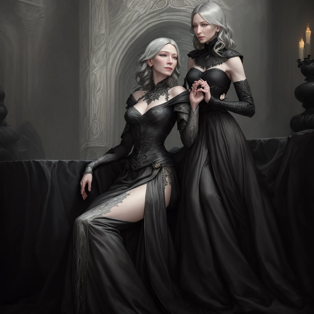 ((Best quality)), ((masterpiece)), (intricate), Female, Cate Blanchett, gray hair, gray eyes, black long dress, Strict, goddes, fantasy, Luxearte, Jun Kim