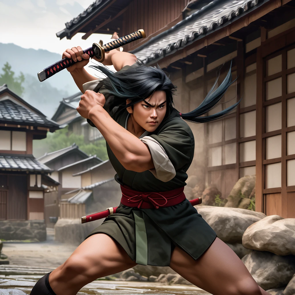 Samurai man,
solo, long hair, 1man, jungle background, ponytail, weapon, male focus, black hair, japanese clothes, sword, katana, sheath, scar on face, sheathed, unsheathing, samurai, realistic, 超A high resolution、An ultra-high picture quality、masutepiece、8K、Townscape of the Edo period、Samurai in kimono、、Macho body、Dirty appearance、Gasatsu、Chommage、Ragged head, unreal engine, grass realistic, stone realistic, hair realistic, cinematic light, cinematic camera, effect fire