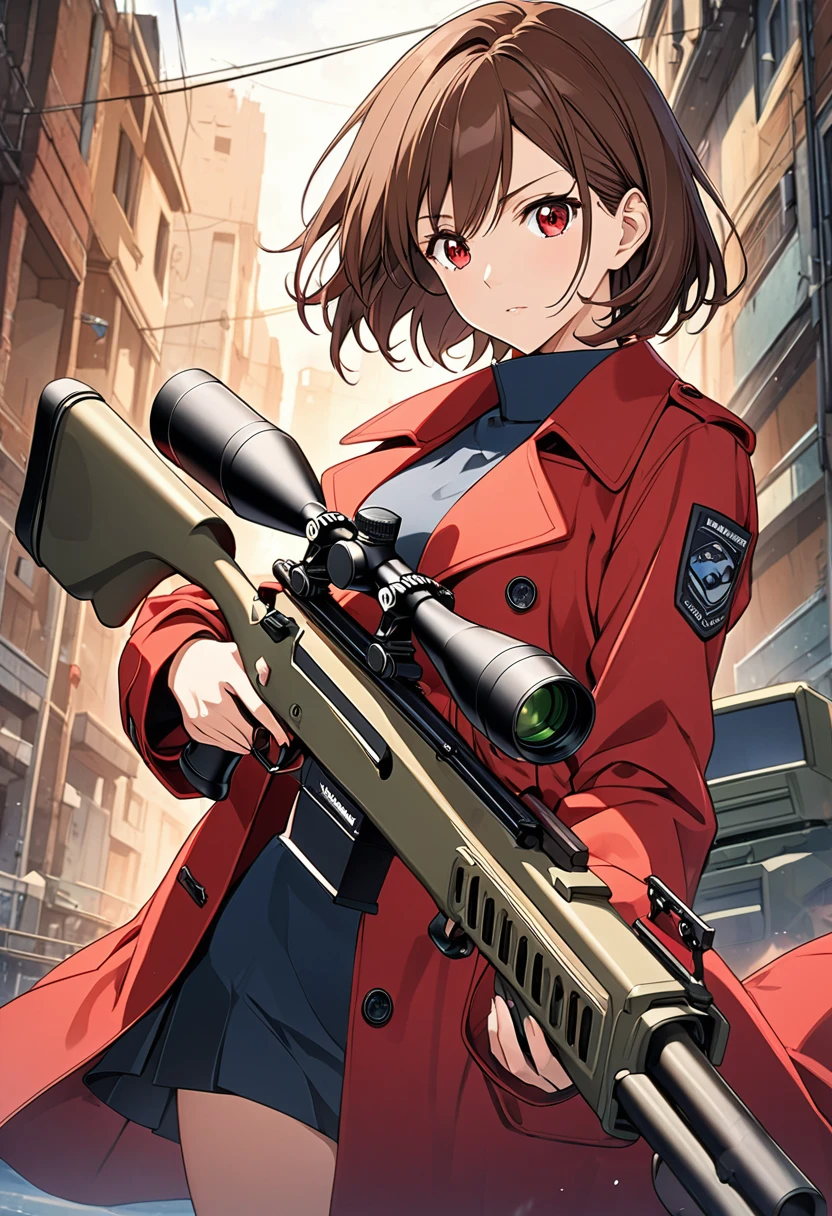 Sniper cover art, Handsome woman. Brown Hair, short hair, Red eyes, Wearing a red trench coat.Sniper using a sniper rifle. Anime Visual, detailedなキーアニメーションアート, Anime artwork, The overwhelming impact of anime.beautifully、Very fine texture,detailed, bright, High resolution and high quality presentation in animation style,