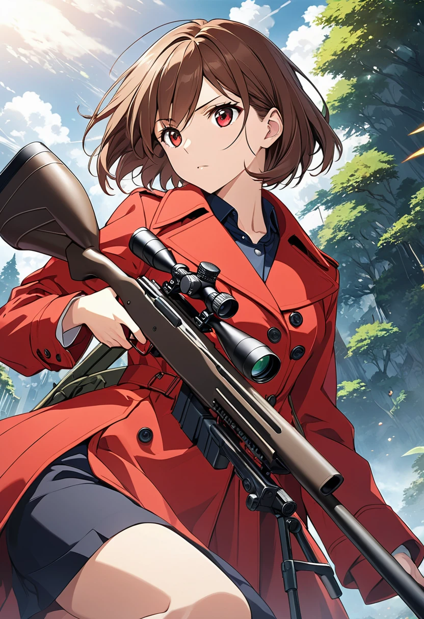 Sniper cover art, Handsome woman. Brown Hair, short hair, Red eyes, Wearing a red trench coat.Sniper using a sniper rifle. Anime Visual, detailedなキーアニメーションアート, Anime artwork, The overwhelming impact of anime.beautifully、Very fine texture,detailed, bright, High resolution and high quality presentation in animation style,