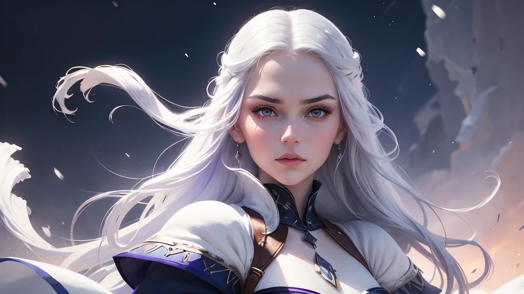 A snow white skin woman in her thirties with determined gaze looking at the horizon, white eyebrows, snow white lips, violet eyes, long sky blue straight hair, medieval dress, blur white room background, highly detailed, realistic, inspiring, legendary, awesome, epic, dark fantasy, vivid colors, majestic, full body digital illustration