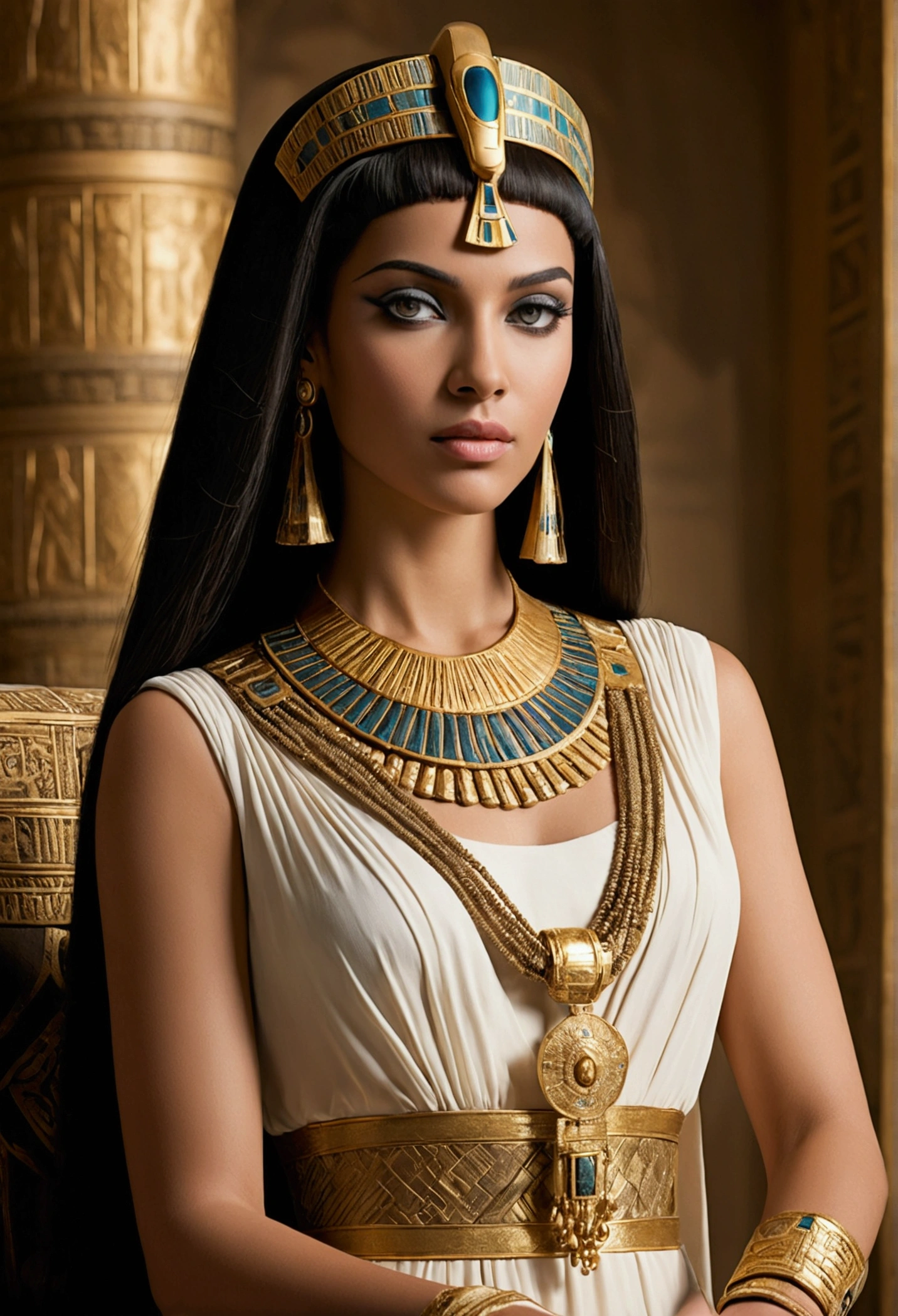 "Create an ultra-realistic image of Cleopatra, embodying an alluring, regal presence. She should have long, flowing hair and eyes that exude elegance and power. Drape her in opulent, historically accurate attire, adorned with intricate gold and jewels. Position her gracefully on a grand throne in an Egyptian palace setting. Focus on showcasing her strikingly attractive features, emphasizing her elegant curves and majestic demeanor. Ensure the background highlights the grandeur of her surroundings while keeping the attention on her captivating face and figure, capturing her hypnotic charm, sophisticated beauty, and regal allure."