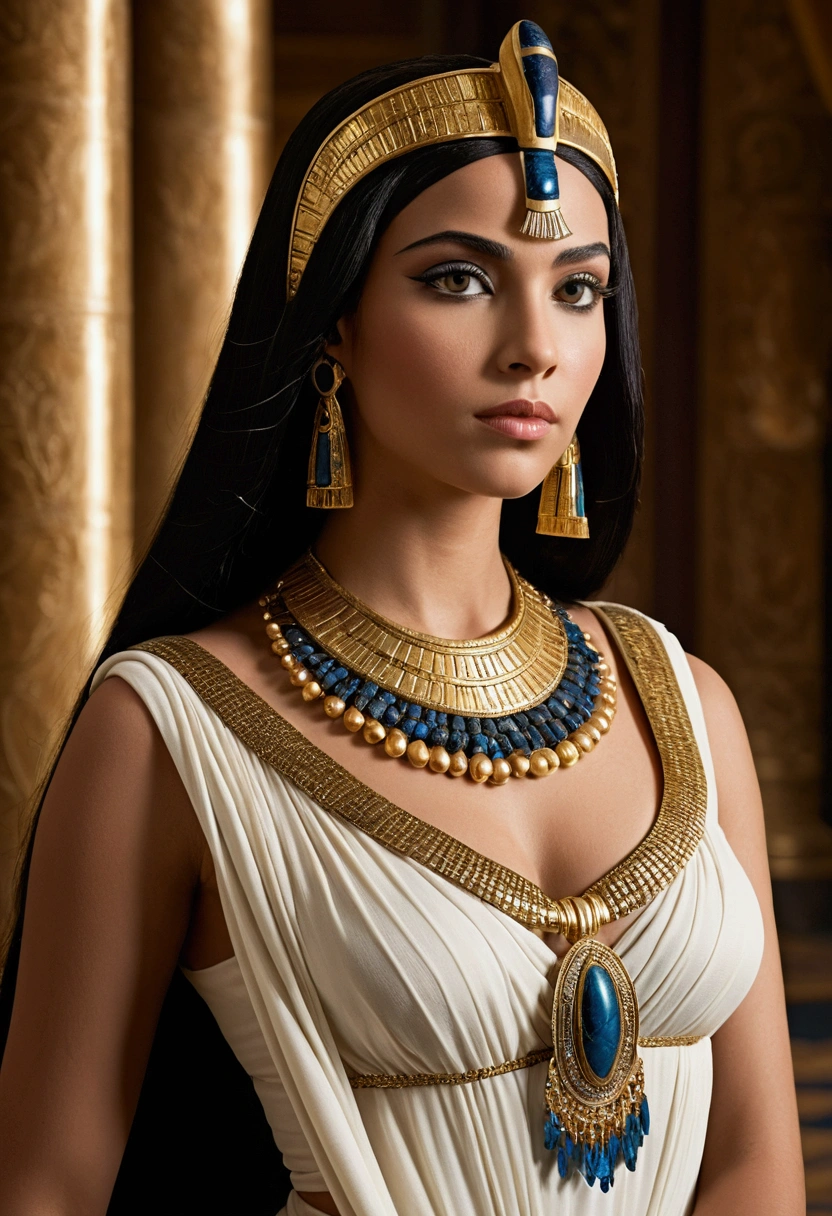 "Create an ultra-realistic image of Cleopatra, embodying an alluring, regal presence. She should have long, flowing hair and eyes that exude elegance and power. Drape her in opulent, historically accurate attire, adorned with intricate gold and jewels. Position her gracefully on a grand throne in an Egyptian palace setting. Focus on showcasing her strikingly attractive features, emphasizing her elegant curves and majestic demeanor. Ensure the background highlights the grandeur of her surroundings while keeping the attention on her captivating face and figure, capturing her hypnotic charm, sophisticated beauty, and regal allure."