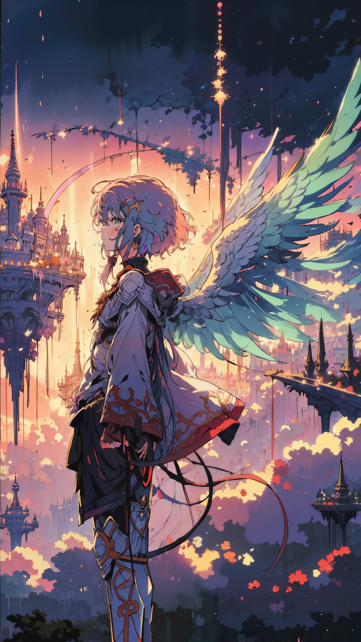 A lone girl stands on the edge of a floating island, their iridescent wings unfurled. Below them, the mystical city of Zephyria sprawls—a labyrinth of bridges, crystal towers, and hidden gardens. The teenager gazes into the abyss, dreaming of freedom beyond the city’s confines, abasterpiece)), ((best quality)), ultra detailed,((illustration)), dynamic angle, detailed light, (delicate eyes), (ahoge:0.8),apathy, ray，frontage，style of anime4 k， 4k anime wallpaper， badass anime 8 k， 4 k comic wallpaper, ((girl)) 