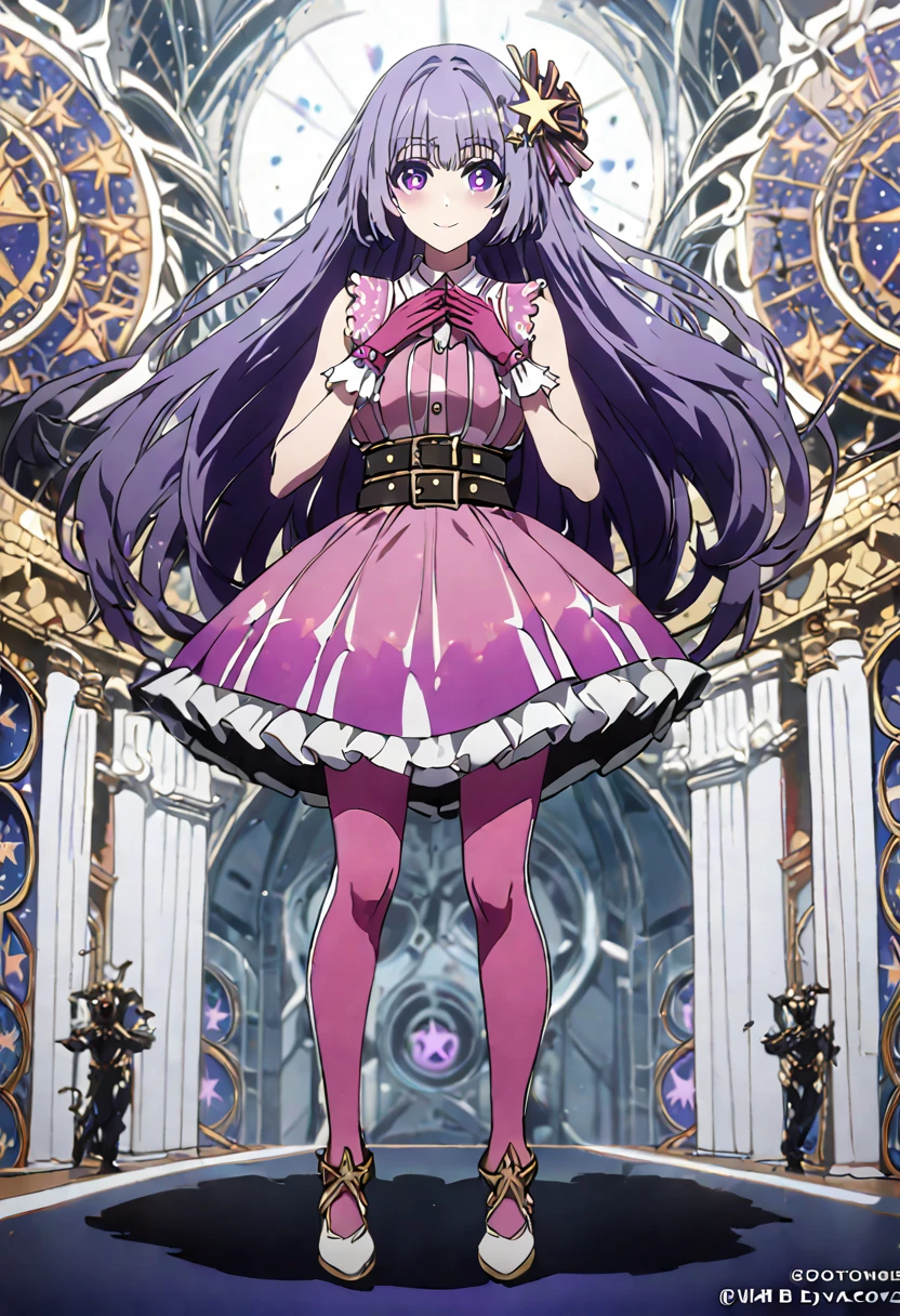 great quality ++ Extremely detailed high resolutionolution, very aesthetic, expressive eyes, (((perfect face))), (((face symmetrical))), ((good anatomy)), (((perfect hands))), (((8k))), UHD, HD wallpaper, (((detailed high cal, (((((1girl)))))), only, masterpiece, La Best Quality, high resolution, Highly detailed, (illustration), beautiful detailed eyes, (((combatant))), ((((full body)))), (((date a live))), (((((Miku Izayoi))))), ((((((((purple hair)))))))), ((((((((purple eyes)))))))), (((rvcm_duotone3_haiRstyle))), (((agglutination))), Combination, (((mature female))), (((bangs))), (((blunt bangs))), (((hime cut))), (((hair ornament))), (((Idol))), (((Concert))), (((dome))), (((dancing))), (((Singing))), (((((((star-shaped pupils))))))), ((((purpler hair)))), (((purple eyes))), (((pink dress))), (((Sleeveless Dress))), (((pink gloves))), (((pink thighhighs))), (((belt))), (((narrow shoulders))), (((narrow waist))), (((They are smiling))), Long hair, huge, garden of a castle, (((mature female))), masterpiece, Best Quality, ((masterpiece)), ((best calidra derailed)), Upper part of the body, (((face to face look))),