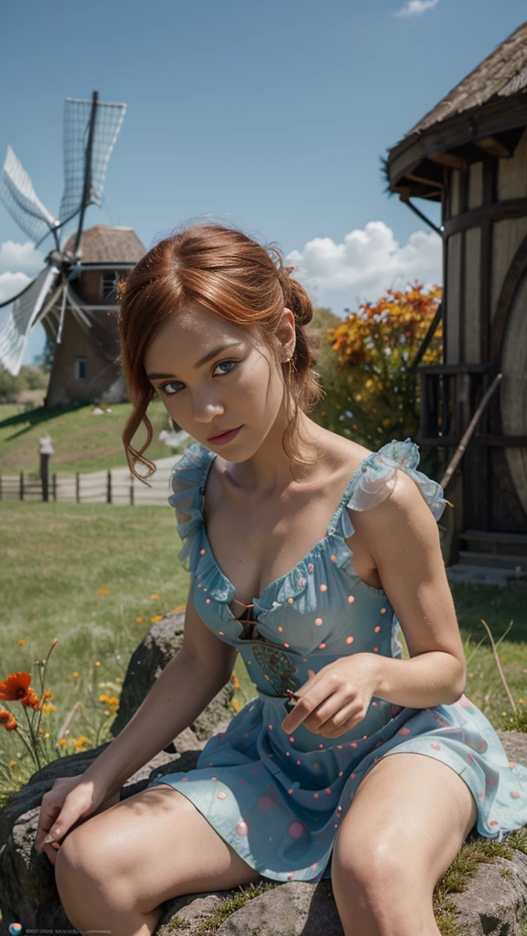 fantasy action scene happy eyeballs, microworld, contoured close up big windmill pastoral landscape, poppy flower. close up hidden tiny ginger pixie girl sitting on rock, basket, polka dot airy dress river tiny fire vintage rococo , , windy iridescent wing , dynamic movement , detailed skin texture, otherworldly halo, detailed skin reptilian scales autumn, by Ceccoli, Burton Rockwell cinematic, 32k, , , highly detailed, intricated, intricated pose, high quality, centered