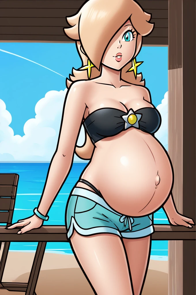 score_9, score_8_up, 1girl, solo, rosalina, style parody, thick outlines, black bikini, shorts, pregnant belly, sleeveless, strapless, cleavage, indoors, beach,
