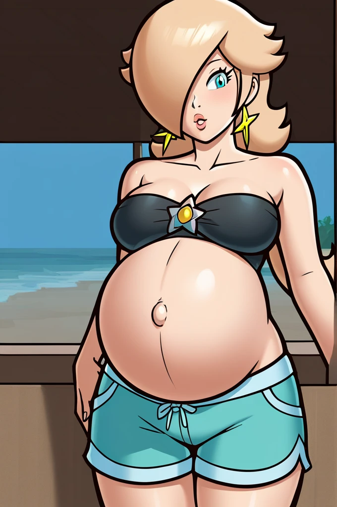 score_9, score_8_up, 1girl, solo, rosalina, style parody, thick outlines, black bikini, shorts, pregnant belly, sleeveless, strapless, cleavage, indoors, beach,