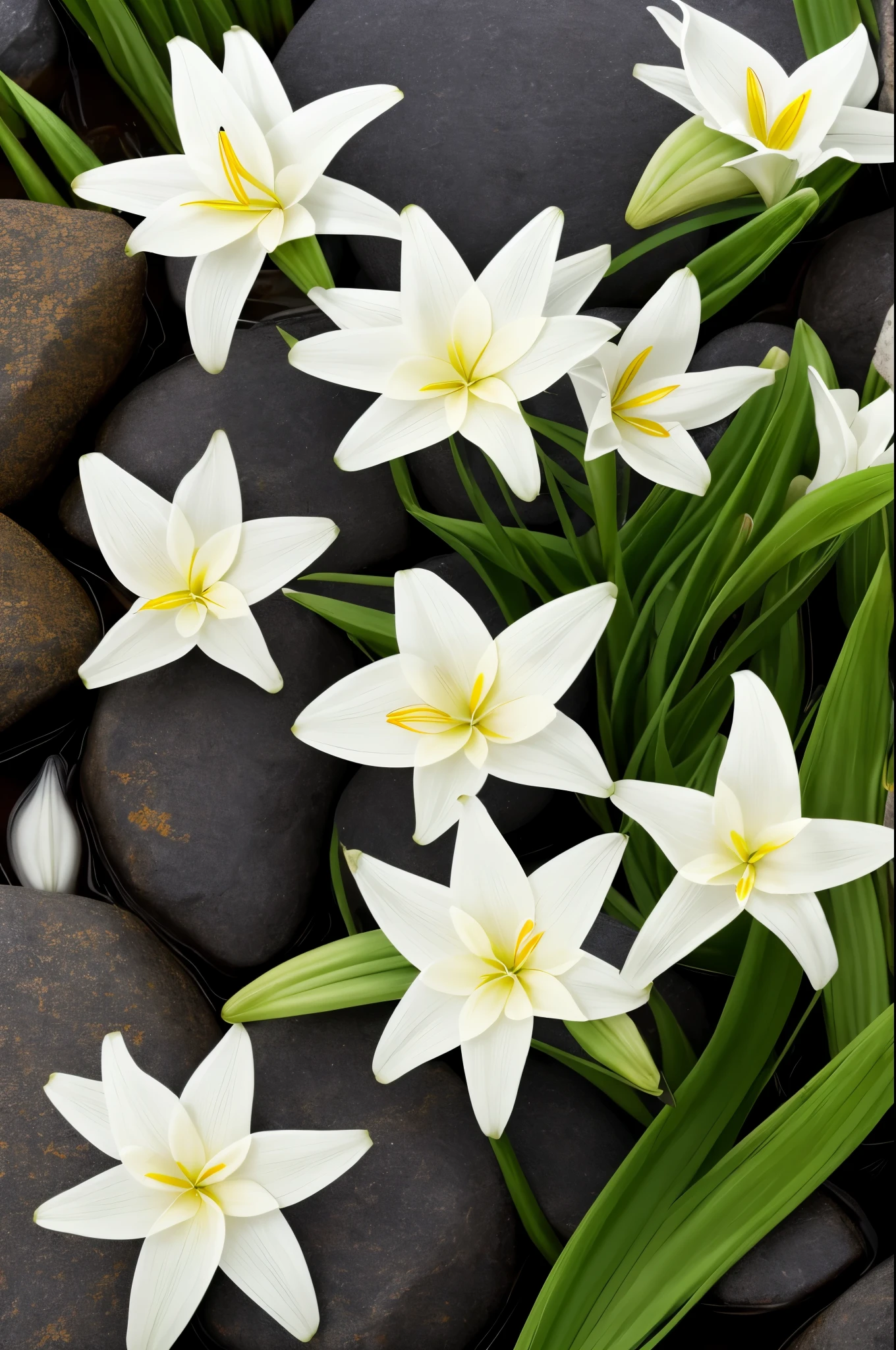there are some white flowers in the water near some rocks, hymenocallis coronaria, spirited water plants, lily flowers, detailed white, white flowers, white lilies, flowers with very long petals, lillies, white flower, glowing veins of white, garis edelweiss, lily flower, myth of narcissus, aquatic plants, reflecting flower, david hardy