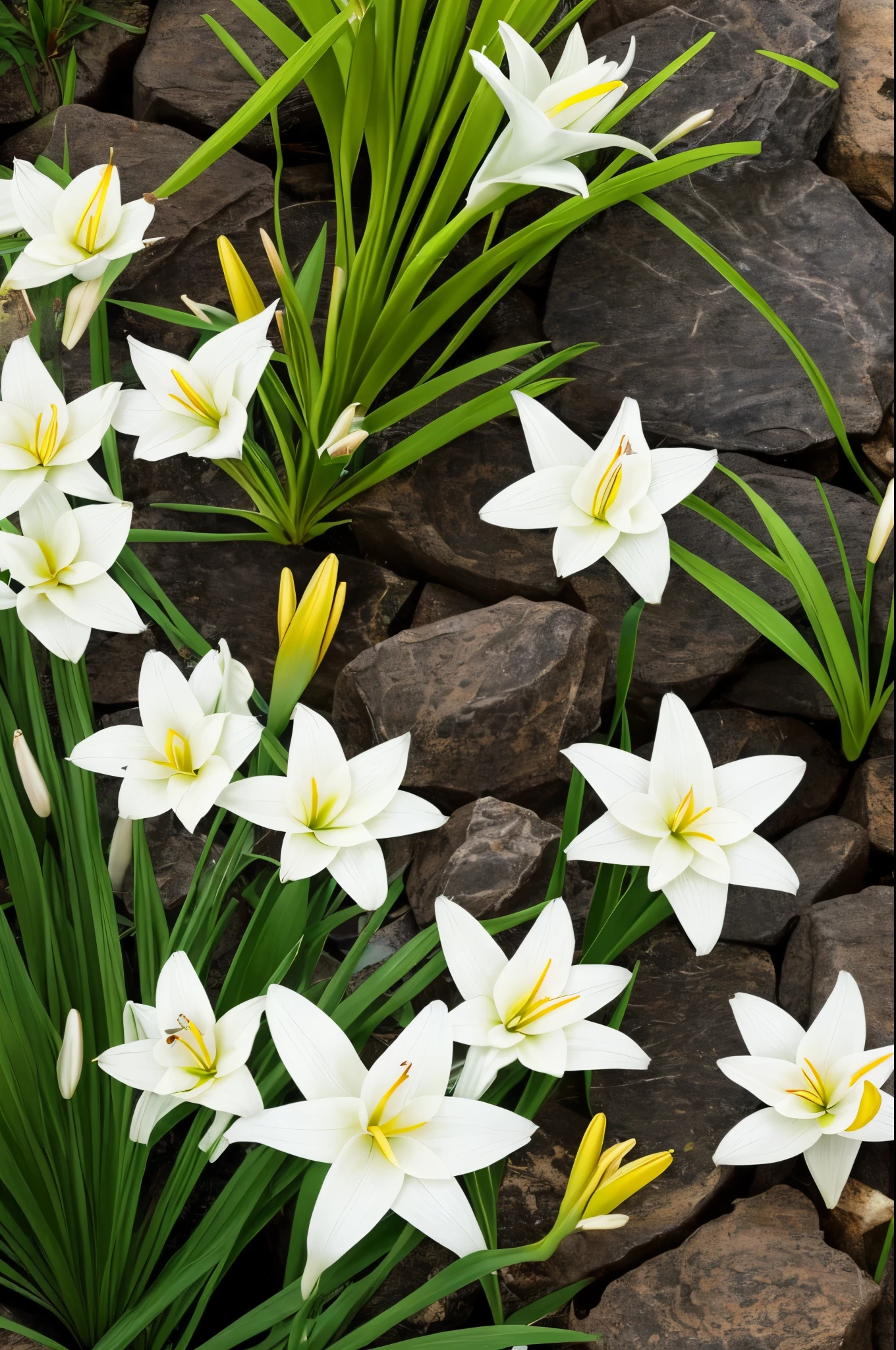there are some white flowers in the water near some rocks, hymenocallis coronaria, spirited water plants, lily flowers, detailed white, white flowers, white lilies, flowers with very long petals, lillies, white flower, glowing veins of white, garis edelweiss, lily flower, myth of narcissus, aquatic plants, reflecting flower, david hardy