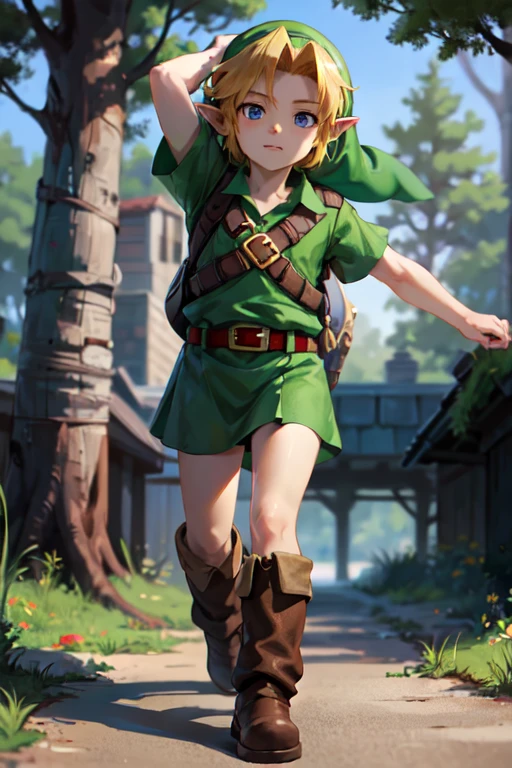 young link, Chico, by rubio, blue eyes, has, pointy ears, green tunic, belt, Boots, looking at the viewer, outside, Magic Forest, extreme detail, HdR, beautiful quality, masterpiece,