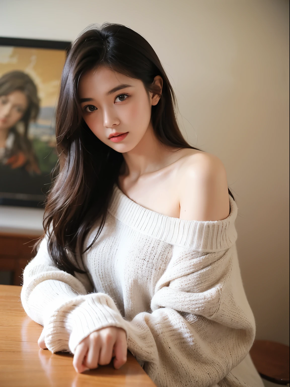 ((Highest quality)), ((masterpiece)), (detailed), One girl, Off-the-shoulder sweater, 