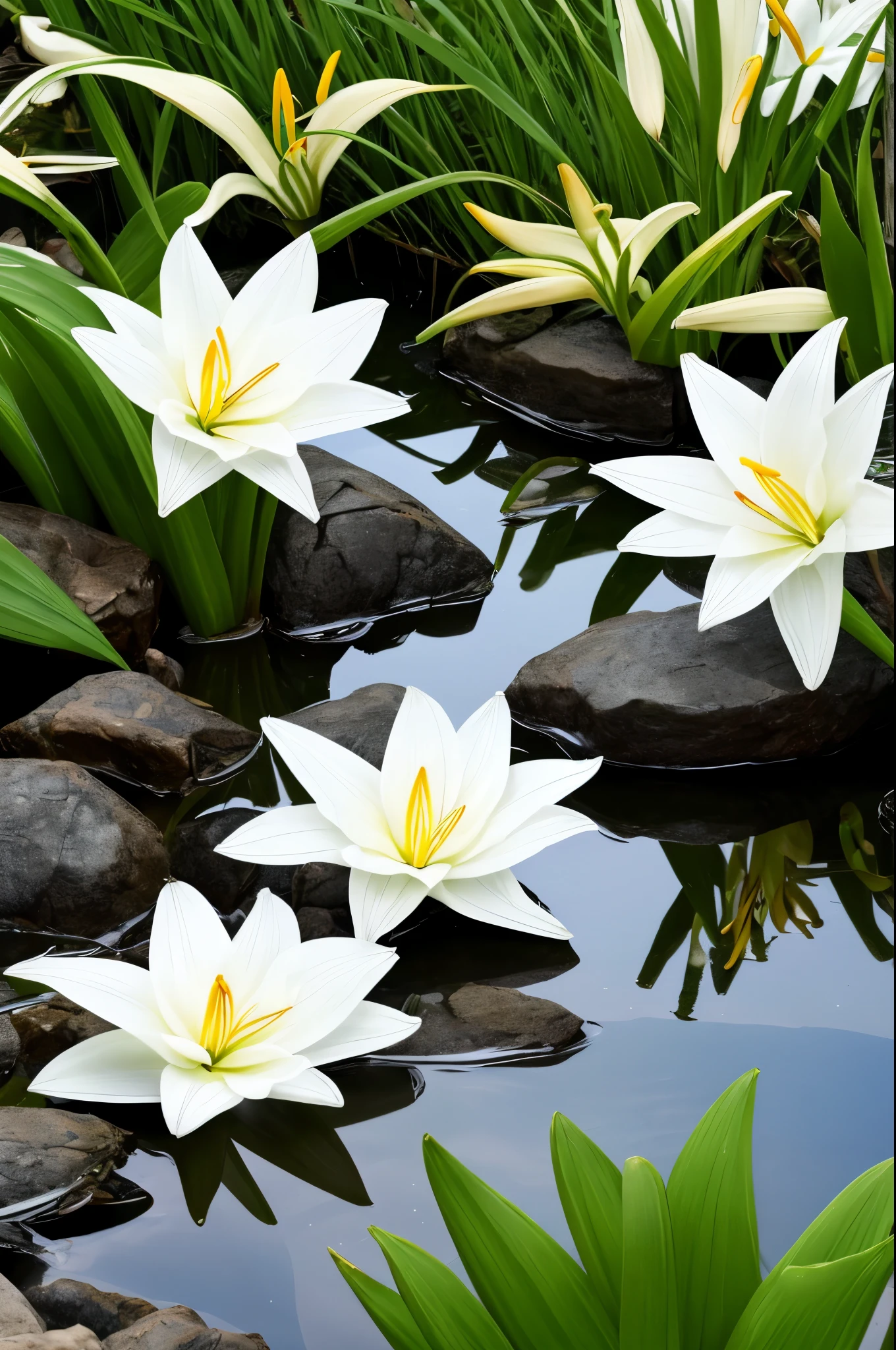 there are some white flowers in the water near some rocks, hymenocallis coronaria, spirited water plants, lily flowers, detailed white, white flowers, white lilies, flowers with very long petals, lillies, white flower, glowing veins of white, garis edelweiss, lily flower, myth of narcissus, aquatic plants, reflecting flower, david hardy