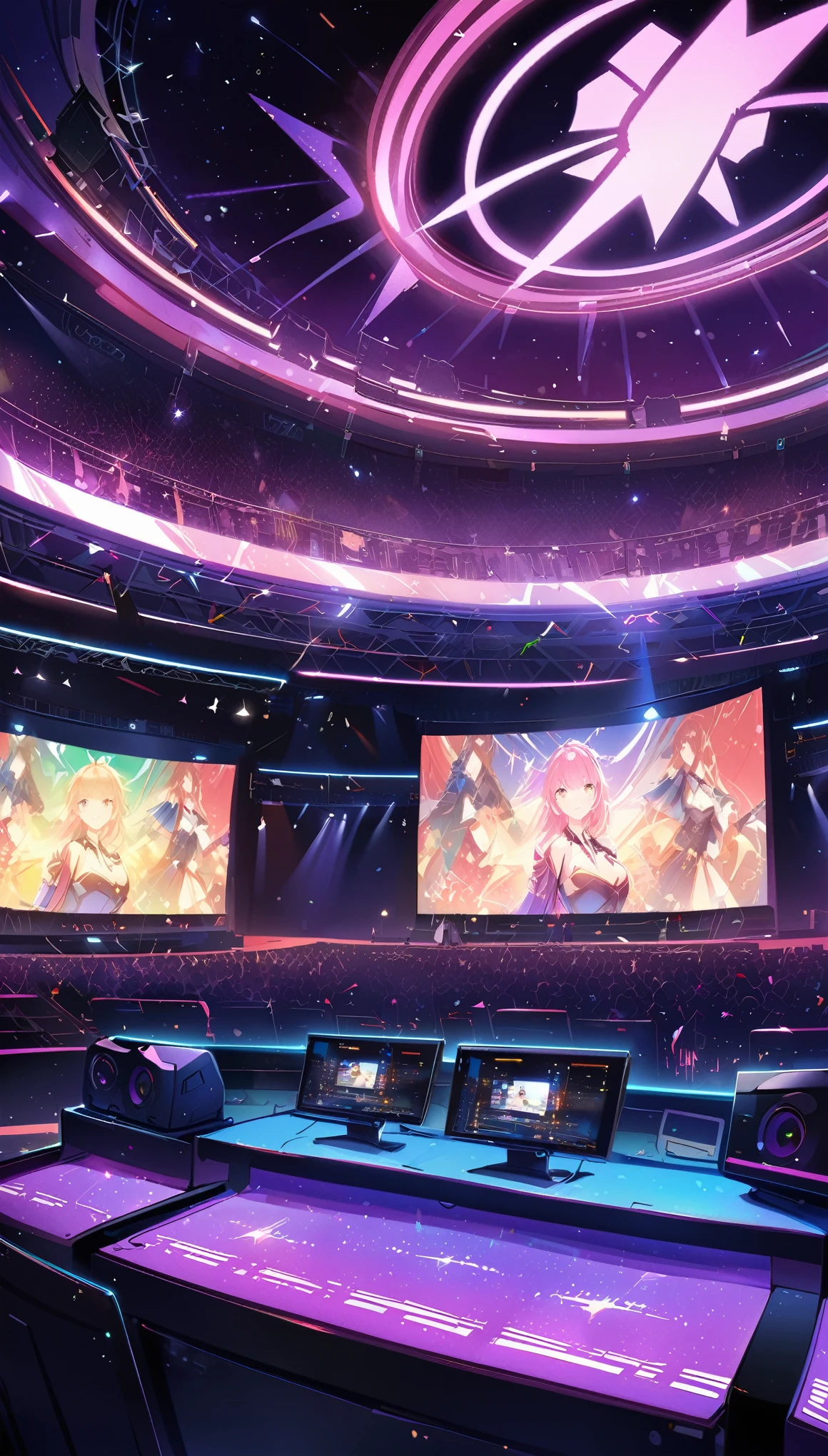 (Concert Venues、central、masterpiece、Highest quality:1.2)、(8k、RAW Photos、Highest quality)、((masterpiece:1.2))、Genuine、Ultra-high resolution、High contrast、Photon Mapping、Bright colors、Genuine、Very detailed、Very detailed、RAW Photos、Genuine、Official Art、RAW Photos、Professional Lighting、Light、Professional writing、twiceLight、Vivid atmosphere、High-definition CG、Unity 8K)、There are many monitors at the back of the stage.、レーザーLight線、スポットライトはステージcentralに集中している。