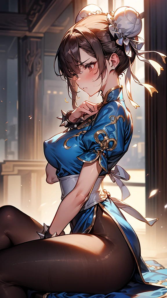 {{masterpiece}}, {{{Highest quality}}},{{Very detailed}},sf2 to,Chunli,Sitting in a chair in an office with a serious expression,profile,from side,Cowboy Shot,Focus on legs{{{Sitting in a chair in an office with a serious expression成熟した女性}}},{{疲労でSweatをかいている成人女性}},Sweat,Hold the arm with one hand ,sit,{{Blushing}},{{V-shaped eyebrows}},{{Blue clothes}}{{Blue clothes}},{{puffy short sleeve}},Brown leggings,Brown tights{{{Blue Chinese dress with gold lines}},{Bunhead}},{{ Brown pantyhose}},{椅子にsit}},{},, ,{{spike bracelet}},{{Tied Hair}},,{{Thin legs}},{{White belt}},,Slender body}}{{ blue pelvis curtain}}, White boots, sash,, ,,blush,Wrinkles ,amount,Grit your teeth,suffering,v-shaped eyebrows.,Sweat dripping,Small breasts ,get annoyed,,Inside the office,Bun Head