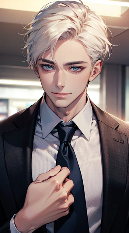 (Highest quality,4K,8K,High resolution,masterpiece:1.2),Super detailed,(Realistic,photoRealistic,photo-Realistic:1.37),1 person,31 years old,Mature Men,Beautiful skin、very handsome,Expressionless,smile,Short white hair,blue eyes,Sharp Eyes,A perfect face without a doubt,Businessman,Office Background,Cinema Lighting,HDR image,tie、