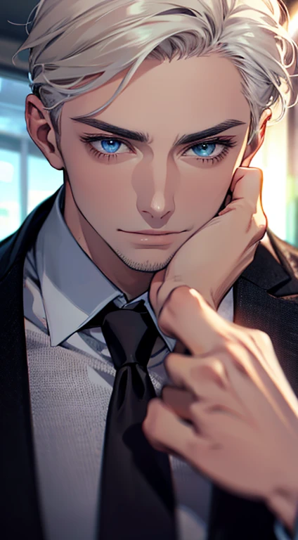 (Highest quality,4K,8K,High resolution,masterpiece:1.2),Super detailed,(Realistic,photoRealistic,photo-Realistic:1.37),1 person,31 years old,Mature Men,Beautiful skin、very handsome,Expressionless,smile,Short white hair,blue eyes,Sharp Eyes,A perfect face without a doubt,Businessman,Office Background,Cinema Lighting,HDR image,tie、