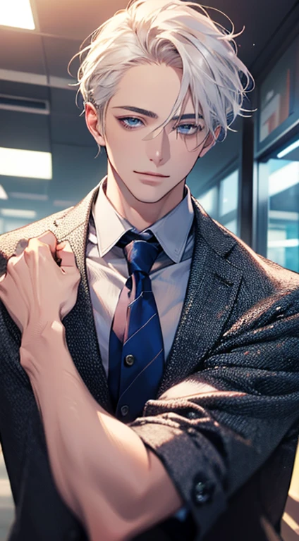 (Highest quality,4K,8K,High resolution,masterpiece:1.2),Super detailed,(Realistic,photoRealistic,photo-Realistic:1.37),1 person,31 years old,Mature Men,Beautiful skin、very handsome,Expressionless,smile,Short white hair,blue eyes,Sharp Eyes,A perfect face without a doubt,Businessman,Office Background,Cinema Lighting,HDR image,tie、