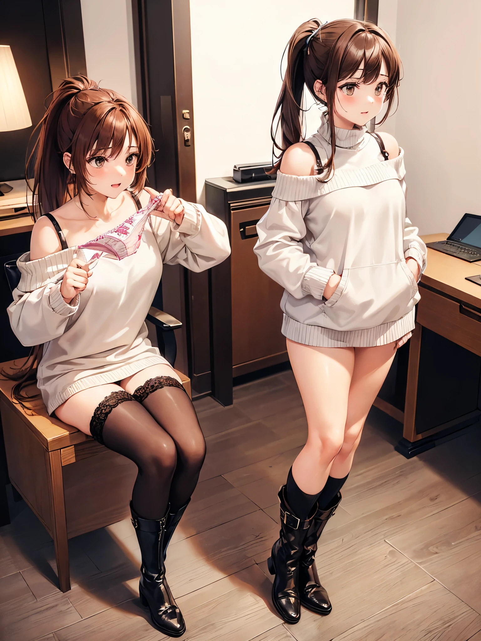 (((masterpiece, Highest quality, High resolution, 超High resolution, Perfect Pixel, Depth of written boundary, 4K, RTTX 10.0))), Beautiful Anime Woman, Beautiful art style, Anime characters, ((Smooth texture, Realistic texture, Anime CG Style)), Exact finger count、Exact number of legs、(Exact number of arms:1.0, Exact number of hands:1.0), (Perfect hands, Perfect Anatomy), Cinematic, Realistic, Extremely detailed CG, Daytime lighting, Perfect lighting, Best Shadow, The best natural light, whole body, Perfect body, バランのとれたPerfect body, Perfectly balanced style, Slender body, ((bangs, Long Hair, Reddish brown hair, ponytail), ((A cute adult woman is holding her panties in both hands and showing them, holding panties, presenting panties:1.8)), ((Off-the-shoulder sweater, mini skirt, Knee socks, short boots:1.3), (Knee-high socks:1.3):1.3), (Beautiful and big breasts:1), (Very embarrassed look:1.6), blush, (Stylish modern office, desk:1.6), Angle from the front, (Sexy and stylish lace panties for adults:1.5)