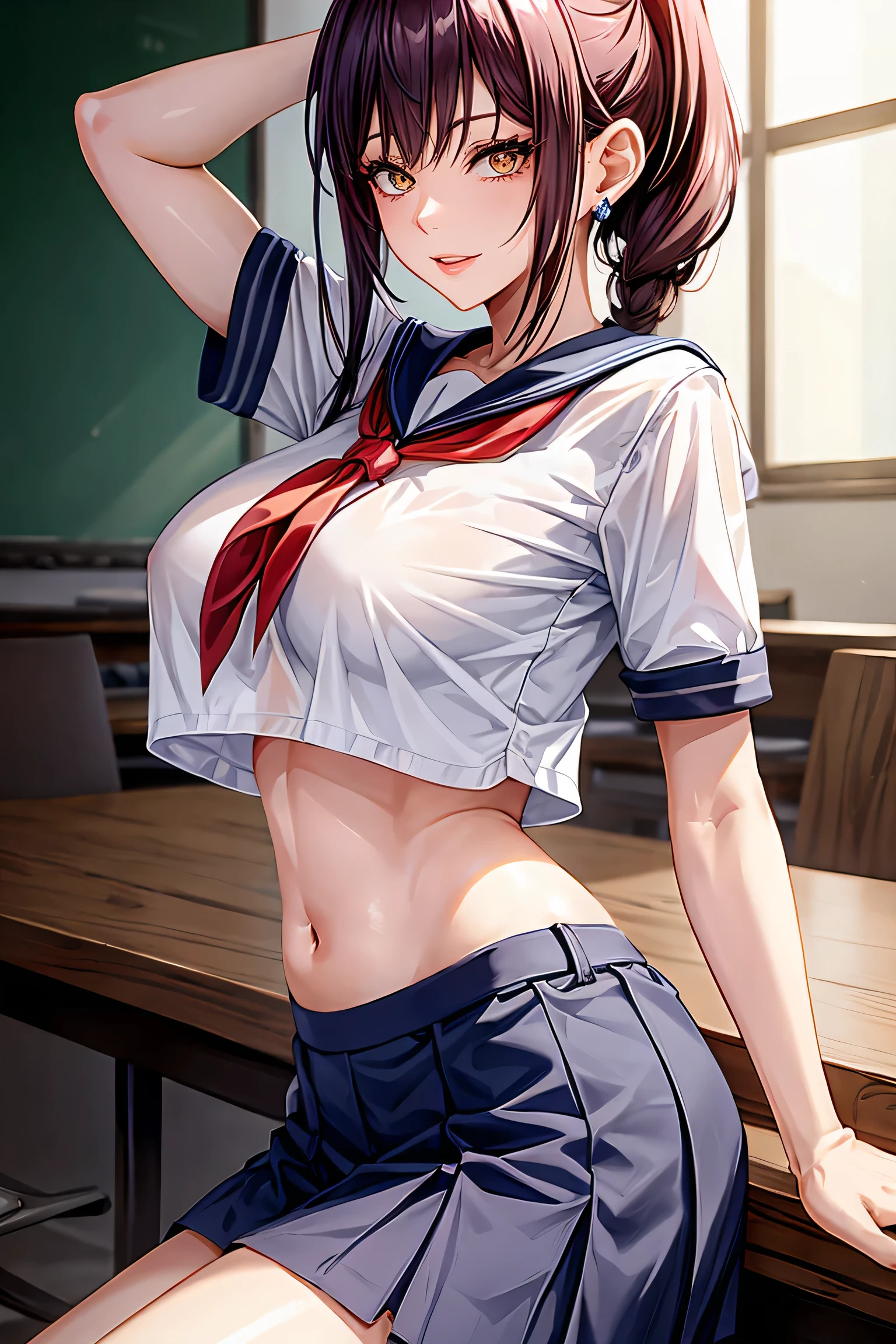 Makima (Chainsaw Man), woman, sexy woman, mature female, mommy, sharp eyes, detailed lips, big breast, short sleeves sailor uniform, sexy sit, classroom, teasing smile, seductive lips, adjusting hair, short skirt, hunter eyes, looking back, midriff peek, earrings , high pony tail 