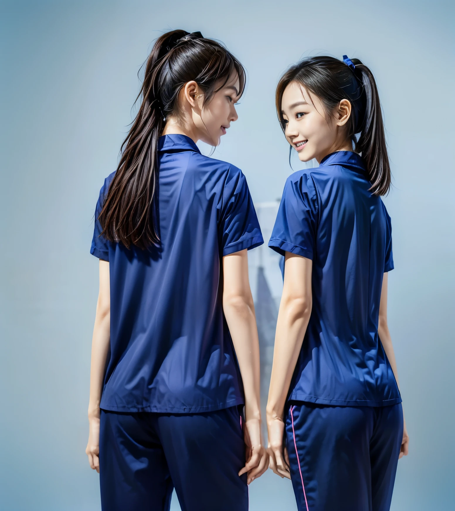 (best quality,10,10,height,Masterpiece:1.2),Special details,(realistic,ภาพrealistic,Realistic photos:1.37),1 Cute girl in the kitchen,shiny, ผิวshiny,only,smile softly,BDclothelue shirt:1.3)),short sleeve,shirt, กางเกงขาlong.,(navy_long_track pants:1.1), ((Kitchen Background)),Dynamic angle,excited,Face focus,dynamic poses,from behind,focus on ass,Masterpiece, best quality, ultra realistic, hyper detail, 8k resolution, raw photos, Sharp focus, ((Navy blue shirt:1.1)), short sleeve, เส้นทางlong, perfect body, 2 mature women, 18 years old, Cinema-grade lighting system,blue sweatpants,shirtผ้าออกกำลังกาย,correct anatomy,perfect body, correct body, Sharp face, correct bodyทางกายวิภาค, full body, realistic gestures, long-haired, realistic poses,Wear long shorts...........................,ช่วงขาlong,Good shape,carved girl, Slender figure, model, Good shape, beautiful body,blue sweatpants, two girls kissing