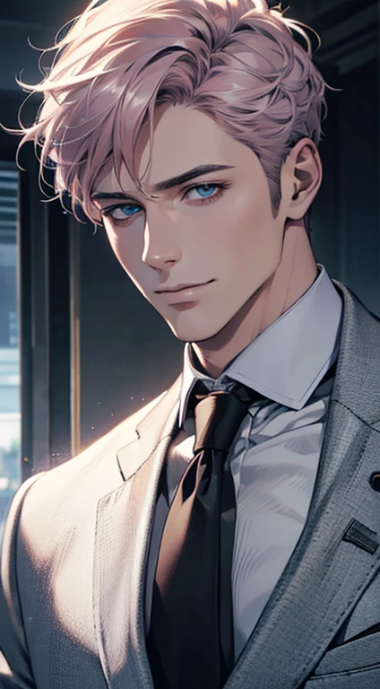 (best quality,4k,8k,highres,masterpiece:1.2),ultra-detailed,(realistic,photorealistic,photo-realistic:1.37),1 man,31 years old,mature man,very handsome,without expression,smile,short grey pink hair,blue eyes,penetrating gaze,perfect face without errors,imposing posture,businessman,office background,cinematic lighting,hdr image