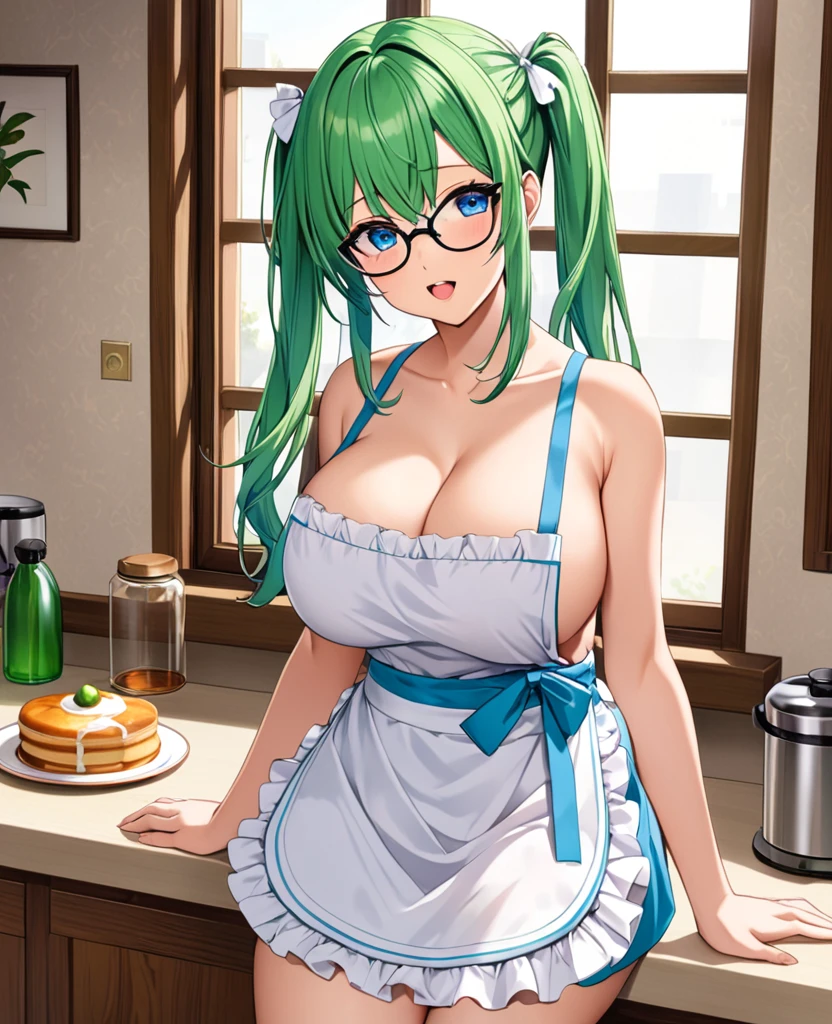 One Woman、Braided twin tails、Huge breasts、(Huge breasts:1.8)、Glasses、blue eyes、Green Hair、underwear,underwearが見えている,Tバックのunderwear,String Panties,陰毛がはみOut,マン毛がはみOut,Nipples are erect,The nipples are erect,Out,Nipples are erect,The nipples are erect,Staring at the audience、Frills、Open lips、indoor、apron、裸apron、window、Sideboob、白いapron、Frillsのapron、Place your hand on your chest