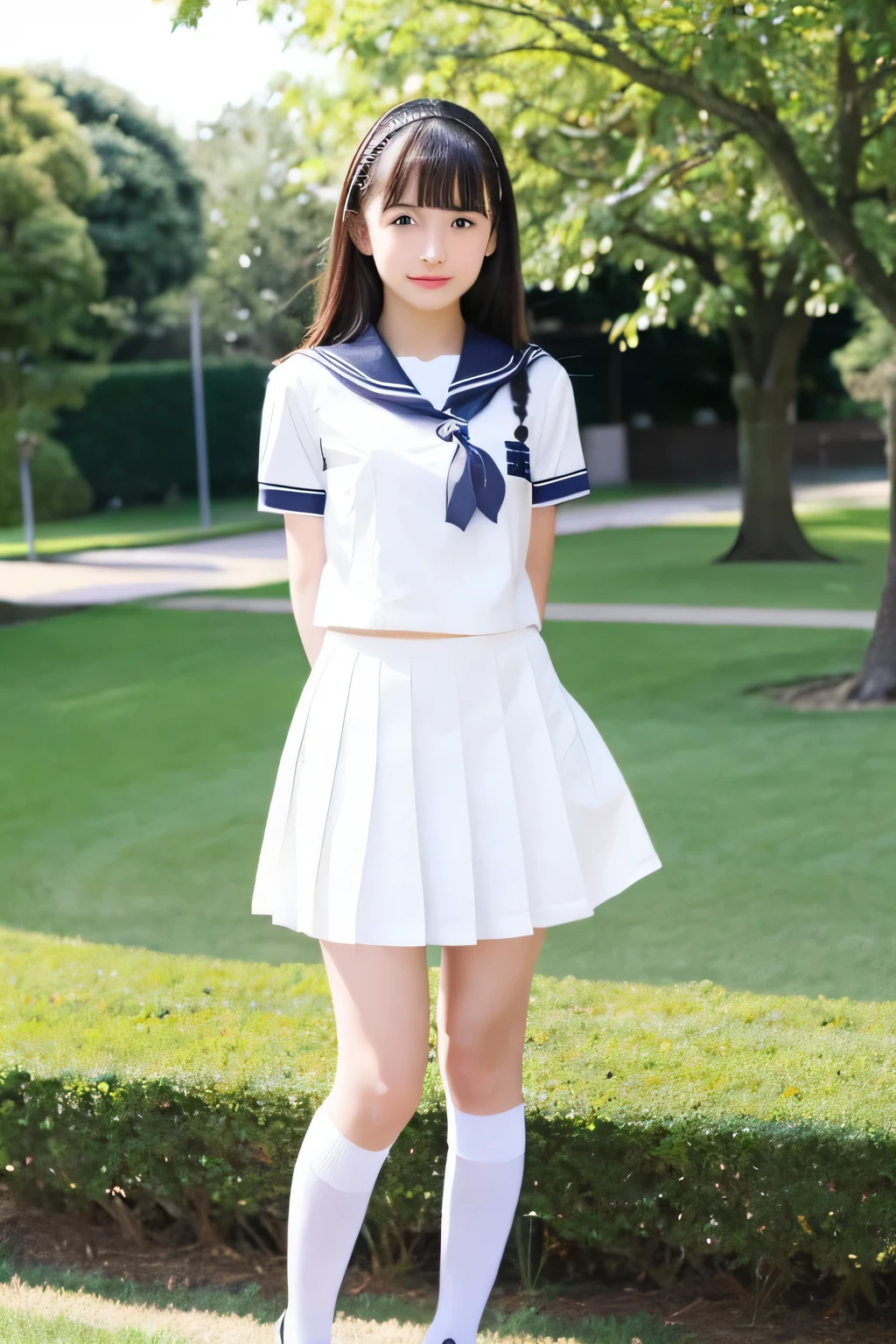 ((Highest quality)), ((masterpiece)), (detailed), One girl, Private High School Uniforms、Sailor suit、 Hair above chest、Japanese and cute face、Bangs are straight、garden、Short skirt、Slender legs、She is wearing white knee-high socks and loafers.