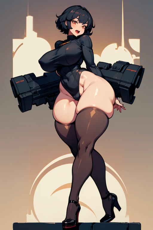 exited, smile, scream, Open mouth, young girl, Pullover, whole body to see, curly short hair, (( very wide hips)), (((colossal Thighs, gigantic thighs, very huge thighs, very big thighs))), fullbody, platform heels, black skin, very Big breast, gun, soldier girl , full body, military , white high cut leotard, cyberpunk, battle, tight stockings,  back view, butt,